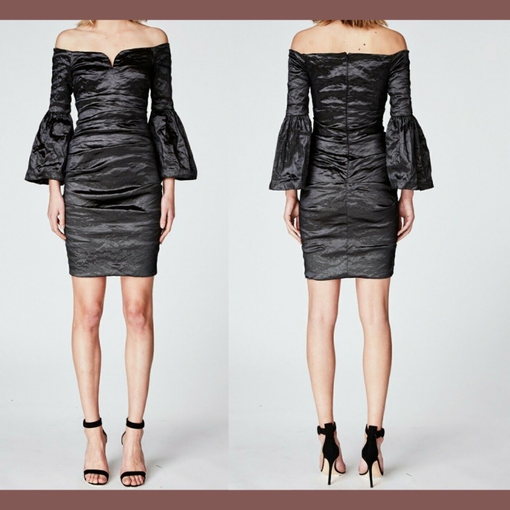 NWD‎ Nicole Miller Techno Metal Flare Sleeve Dress BLK [ Unknown Size ]